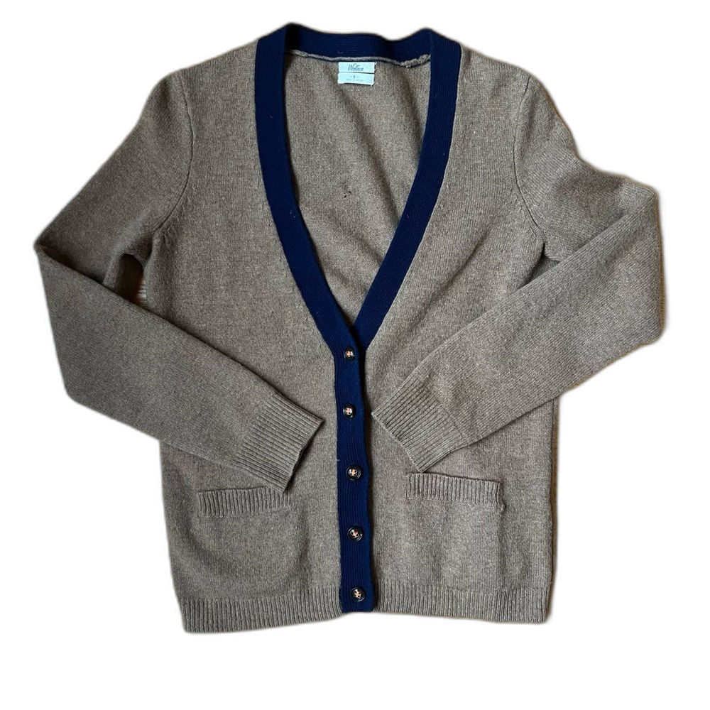 Wallace Madewell Merino Wool Cardigan Camel Brown Navy Trim Academia Y2K Sz S
